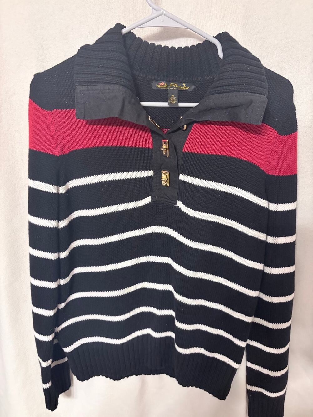 Lauren Ralph Lauren Red & Black Striped Collared Pullover Sweater Size Medium